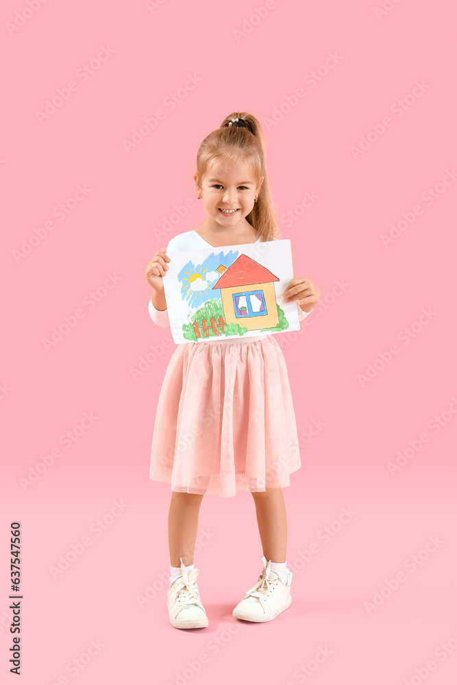 Cute little girl with drawing on pink background