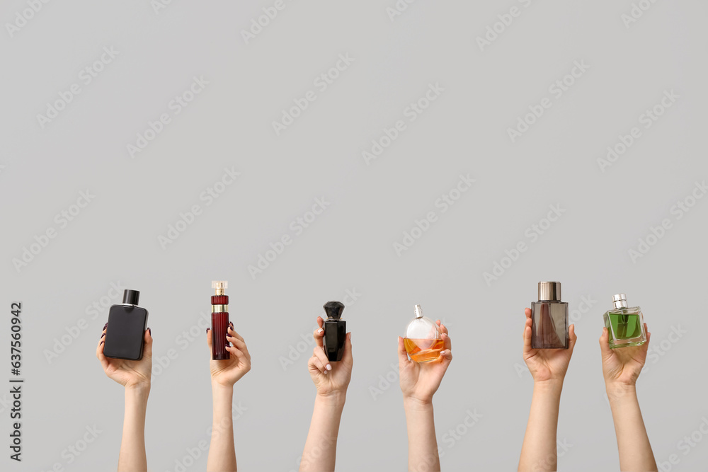 Female hands holding different perfumes on grey background