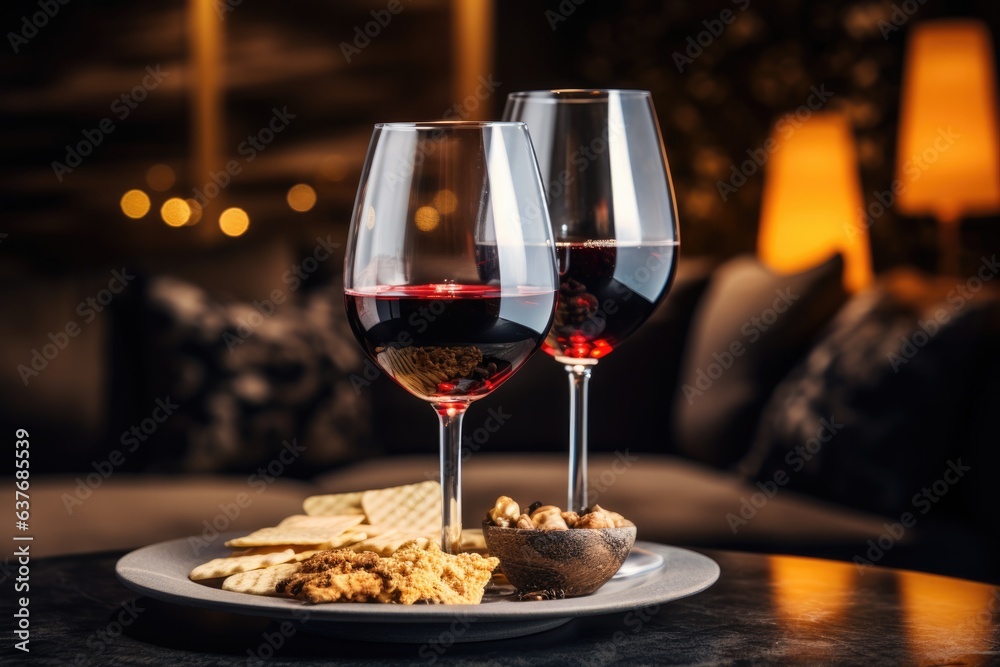 Wines glasses with snack close up view on luxury out of focus high end hotel background.