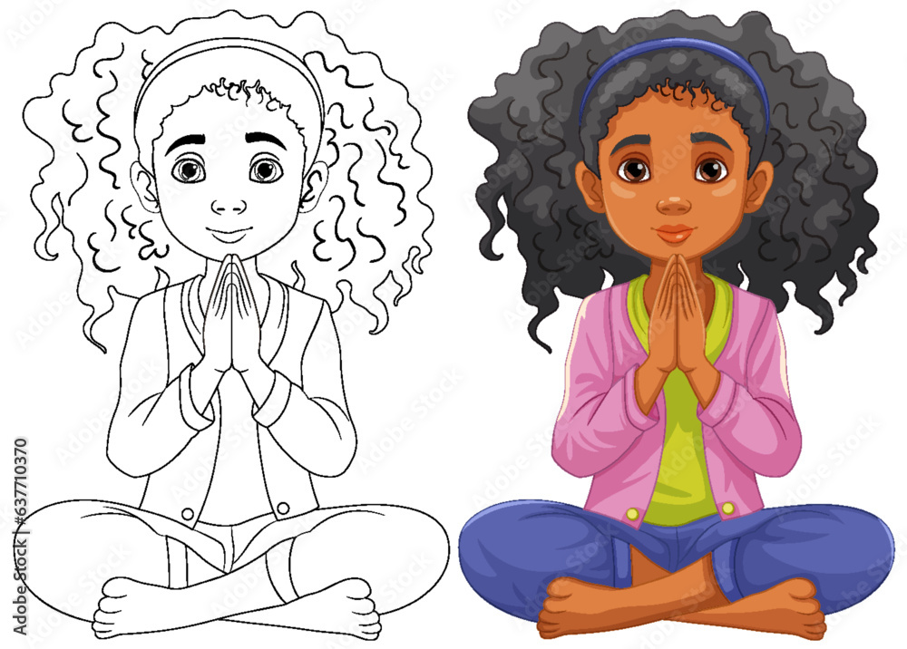 Curly-haired Woman Praying and Meditating with Open Eyes