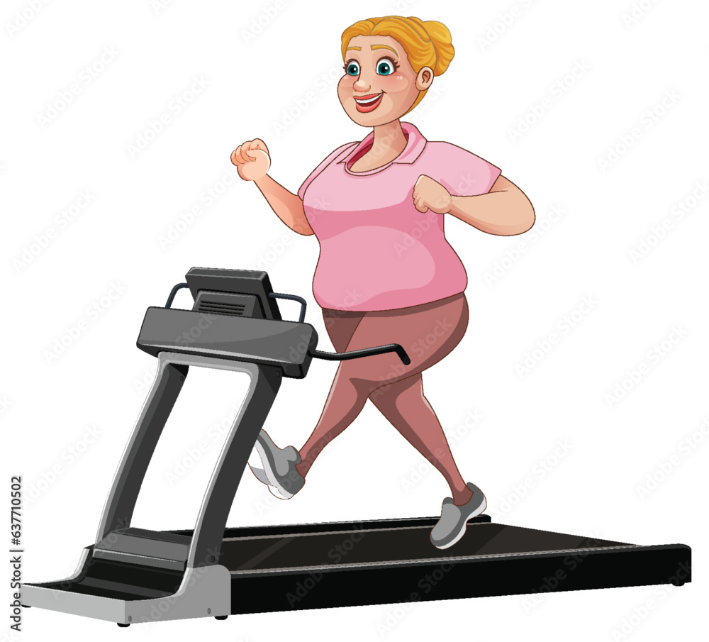 Chubby Middle-Age Woman Running on Treadmill