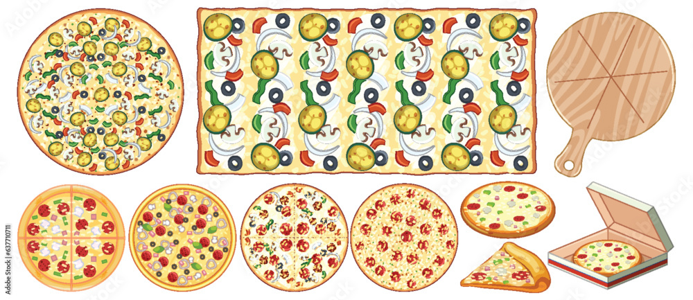 Delicious Set of Italian Pizza Isolated in Vector