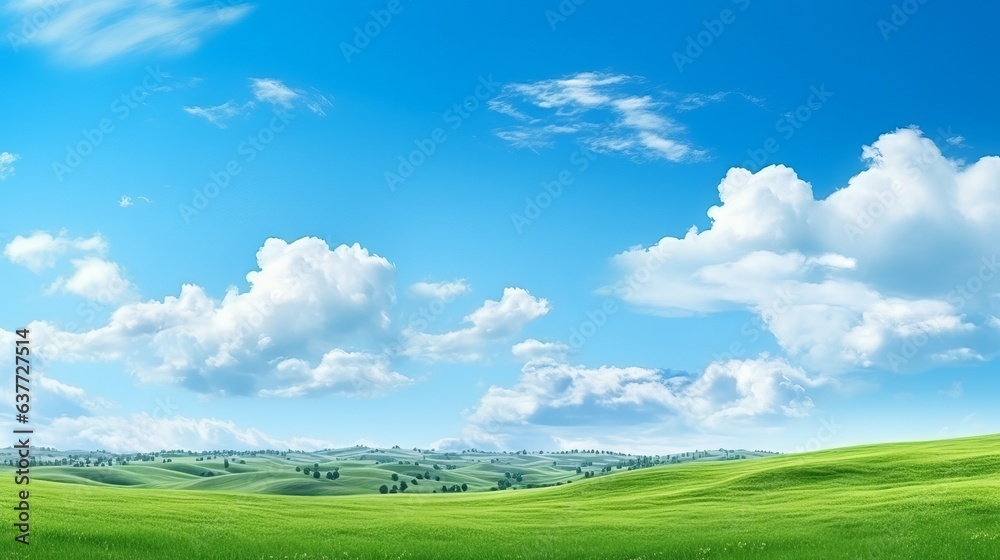 Beautiful panoramic natural landscape, Green field and blue sky with clouds Landscape, green grass a