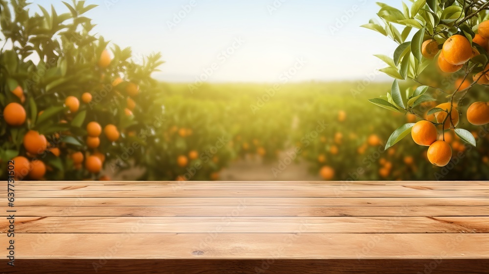 Spacious wood table surrounded by orange trees - perfect for product display montage