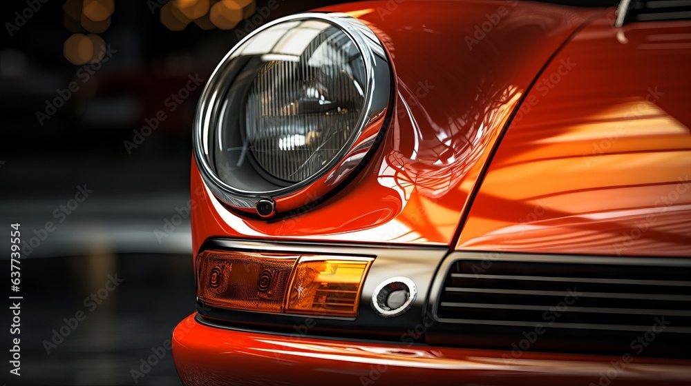 Retro-Styled car speeding on the highway with headlights on - macro lens, high details, photorealist