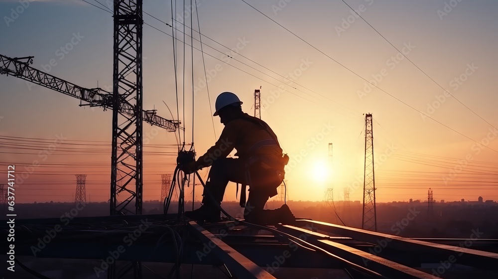 Silhouette of electrician working on high ground in heavy industry: high voltage station extension c