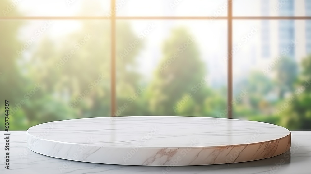 White marble texture table top on blurred kitchen background - ideal for montage or product display