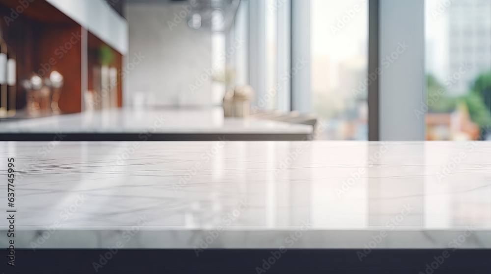 Abstract blurred interior background with white marble tabletop and busy workplace scene