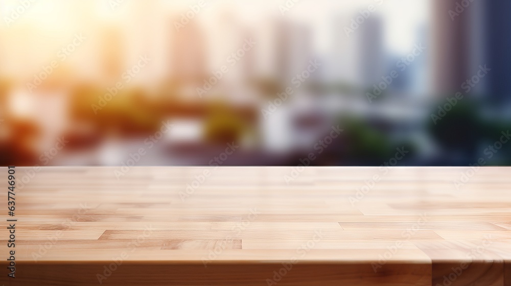 Wooden table top on blurred kitchen room background, contemporary interior, flowers on table