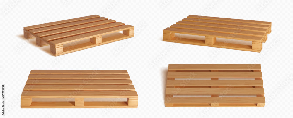 3d wooden pallet for crate package isolated vector. Wood loading tray platform for warehouse or stor