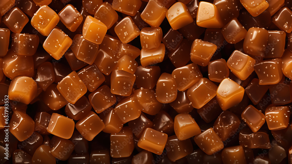 Toffee candy, caramel candies background. Sweet backdrop. Generative AI