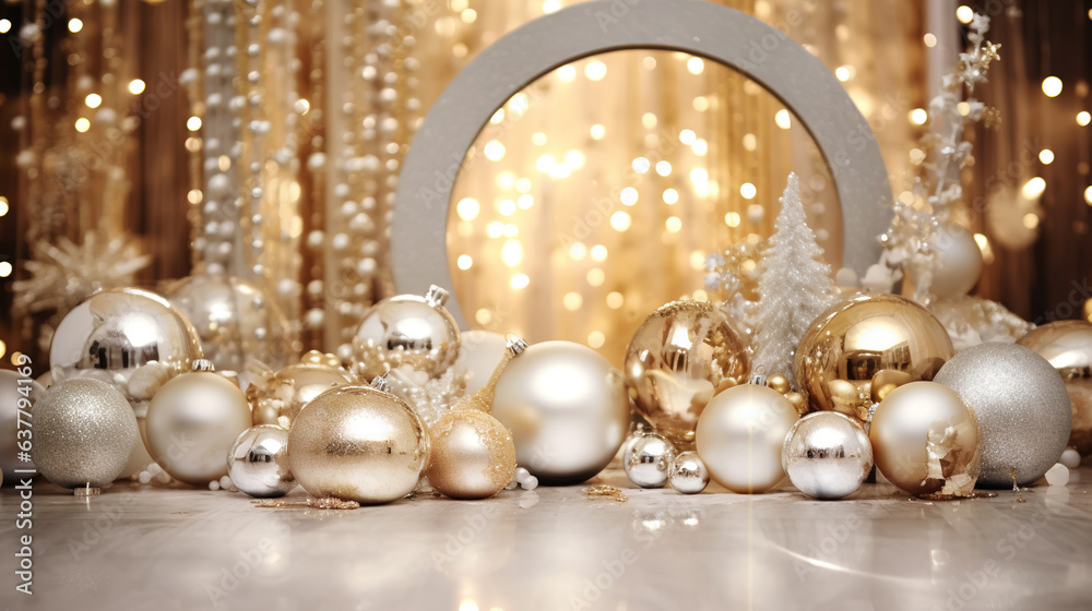 Modern shiny creative Christmas backdrop. Golden festive New Year background. Generative AI