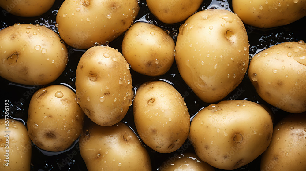 Fresh potatoes with water drops background. Vegetables backdrop. Generative AI