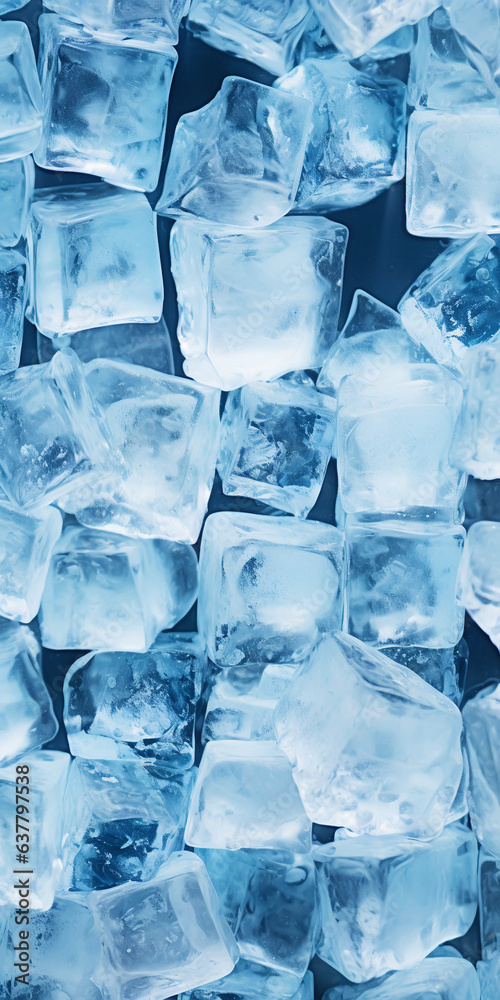 Ice cubes bluish background. Frozen water. Cold fresh concept. Generative AI