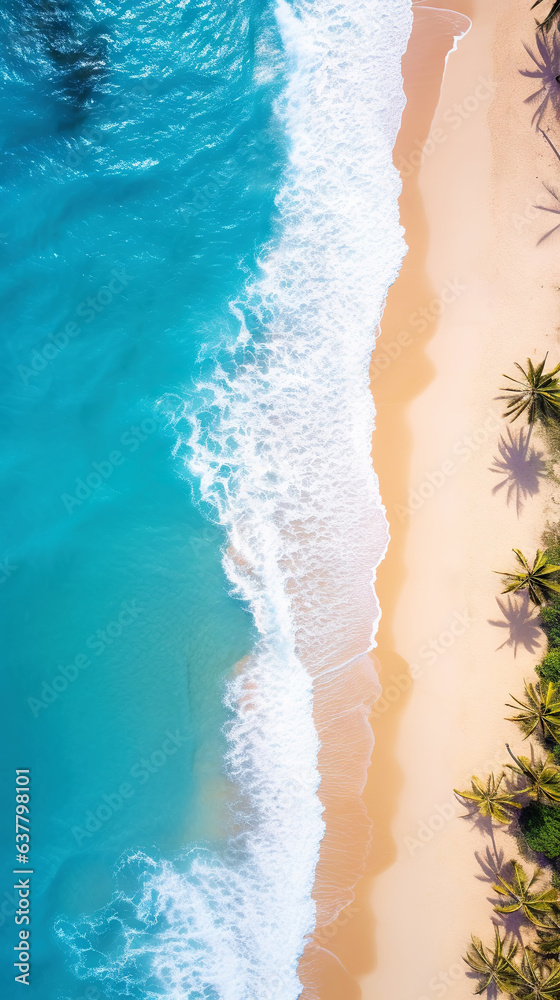 Aerial top view on sand ocean beach with palm trees. Summer vacation paradise concept. Vertical. Gen