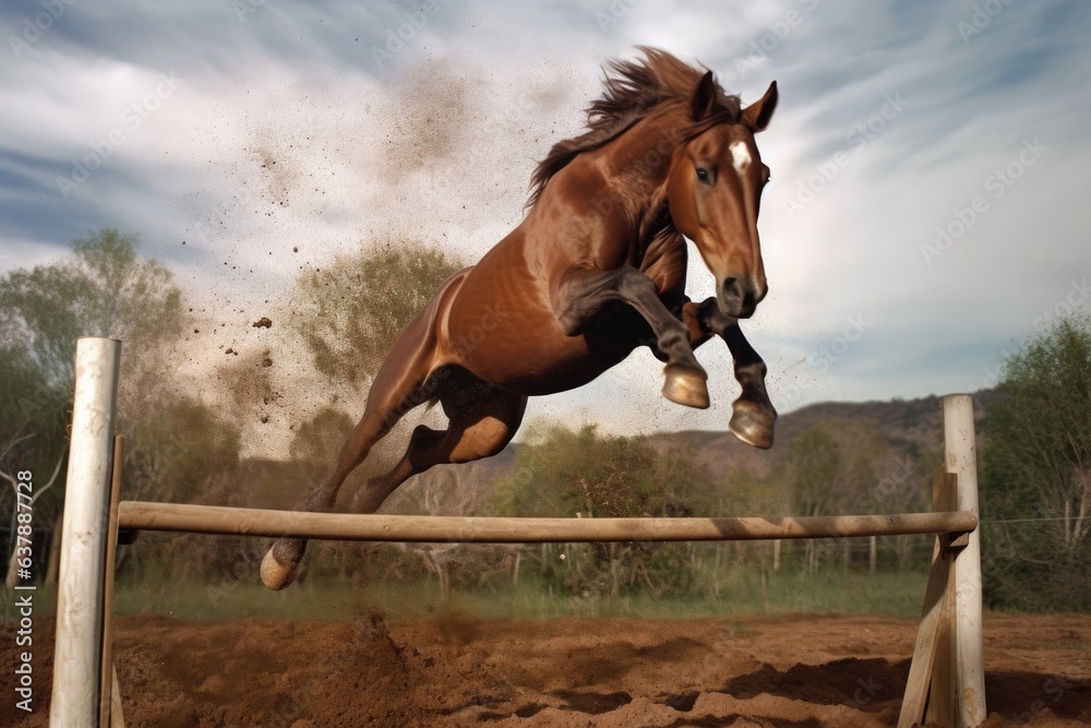 close-up of horse jumping over hurdle, dirt flying