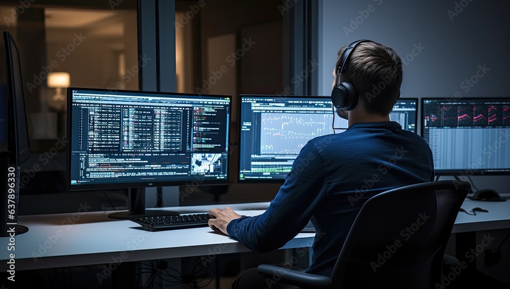 Software developer sitting in front of computer screens while working late at night