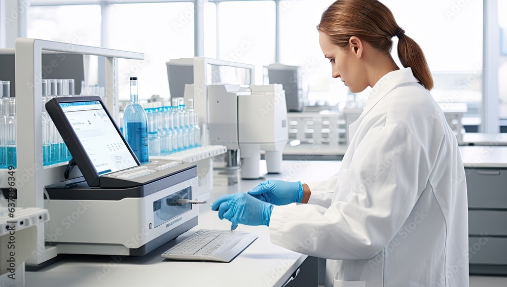 Scientist working in laboratory. Young female researcher carrying out scientific research in a lab.