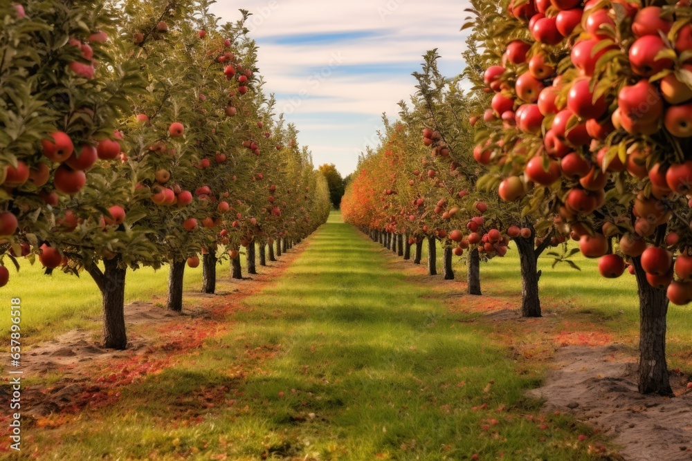 apple orchard rows with autumn colors in background