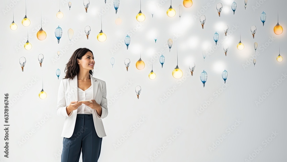 Young businesswoman with glowing light bulbs on white background. Idea concept