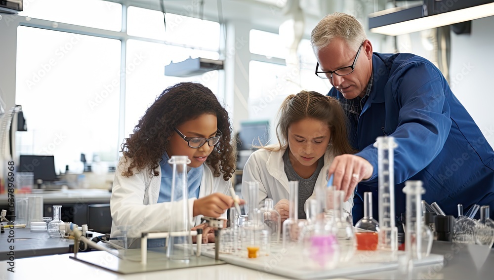 Teacher and students looking at test tubes on table in university laboratory