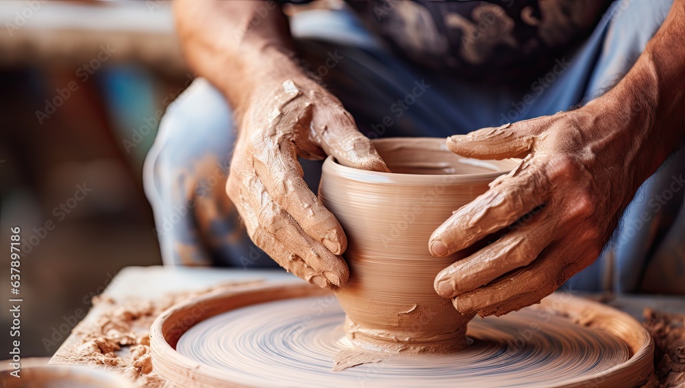 hands of a potter, creating an earthen jar on the circle