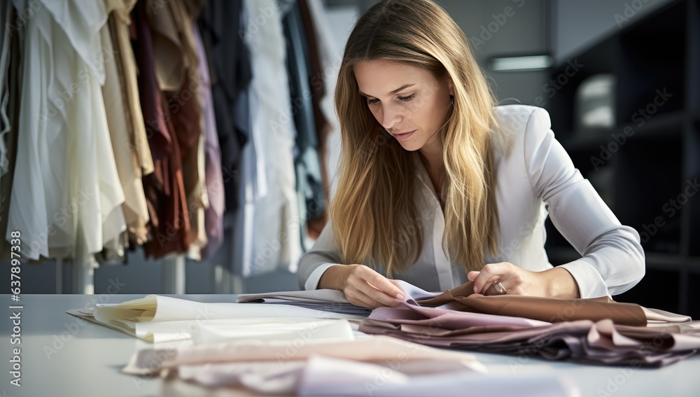 Female fashion designer working on new collection of clothes in her studio.