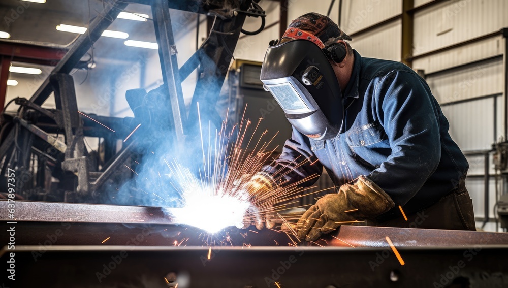 Industrial worker working with electric arc welding machine to weld steel at factory