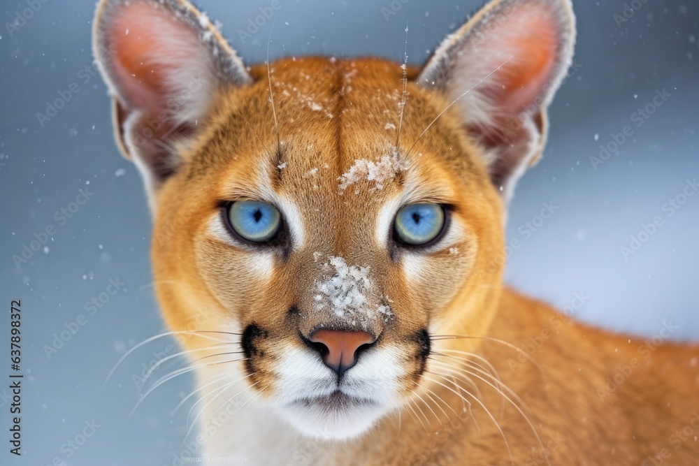 pumas golden eyes contrasted against snow backdrop