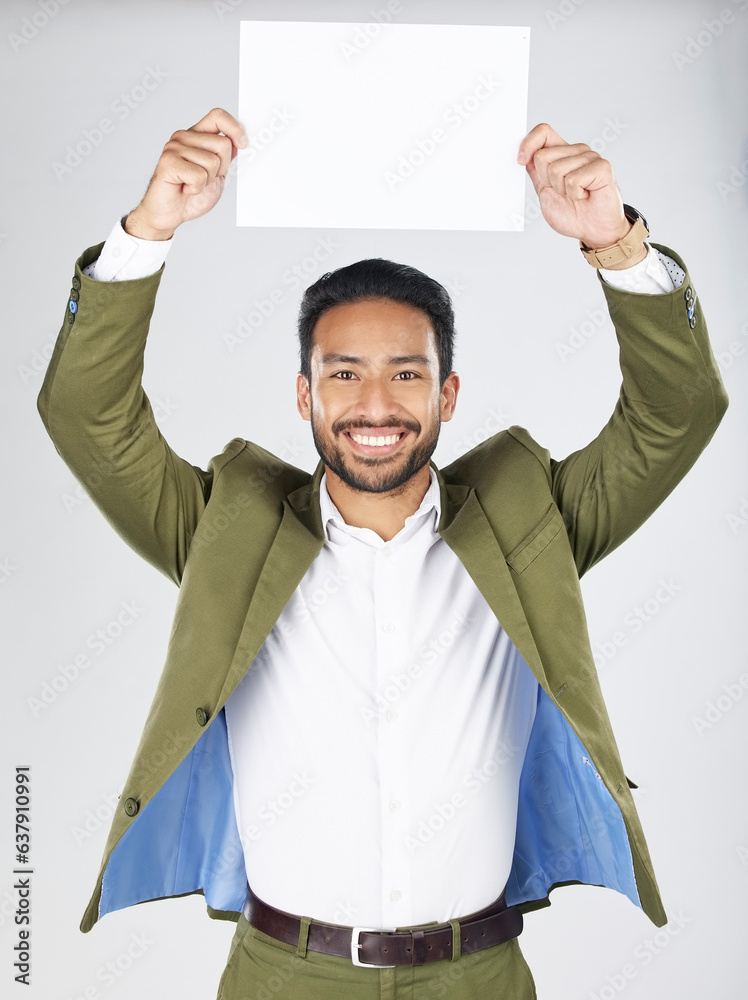 Happy asian man, portrait and billboard in advertising, marketing or branding against a white studio