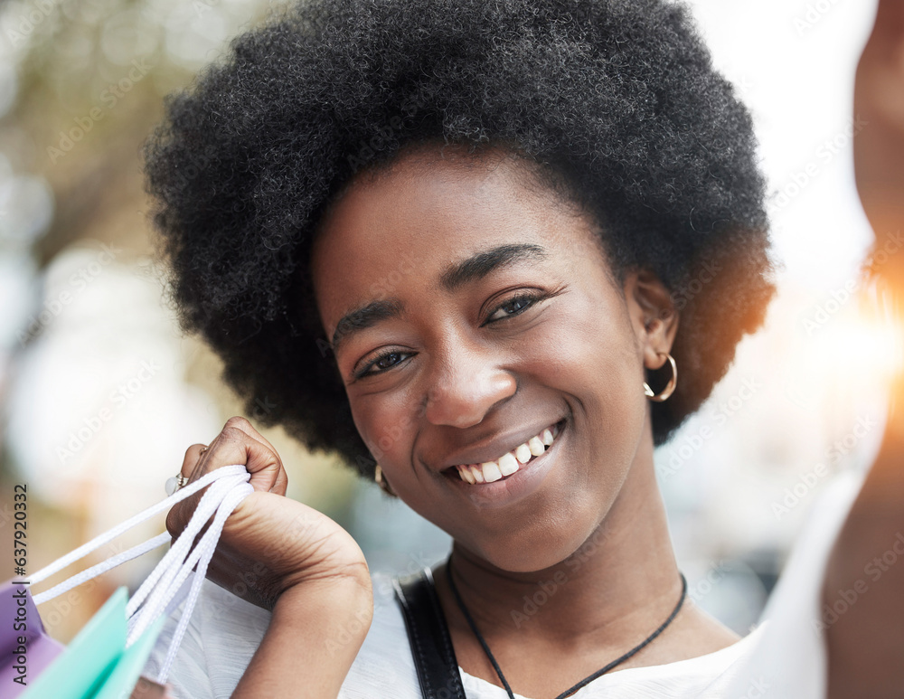 Woman, selfie and shopping bag in city for social media, student sale and outdoor, happy portrait. F