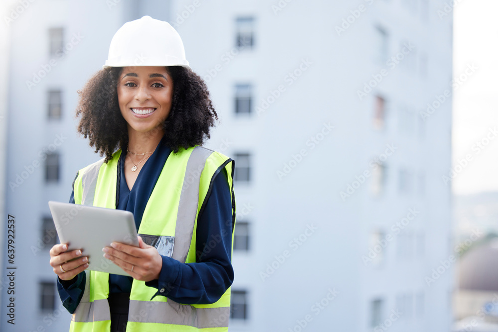 Tablet, engineering and portrait of woman outdoor for construction, development or plan. African eng