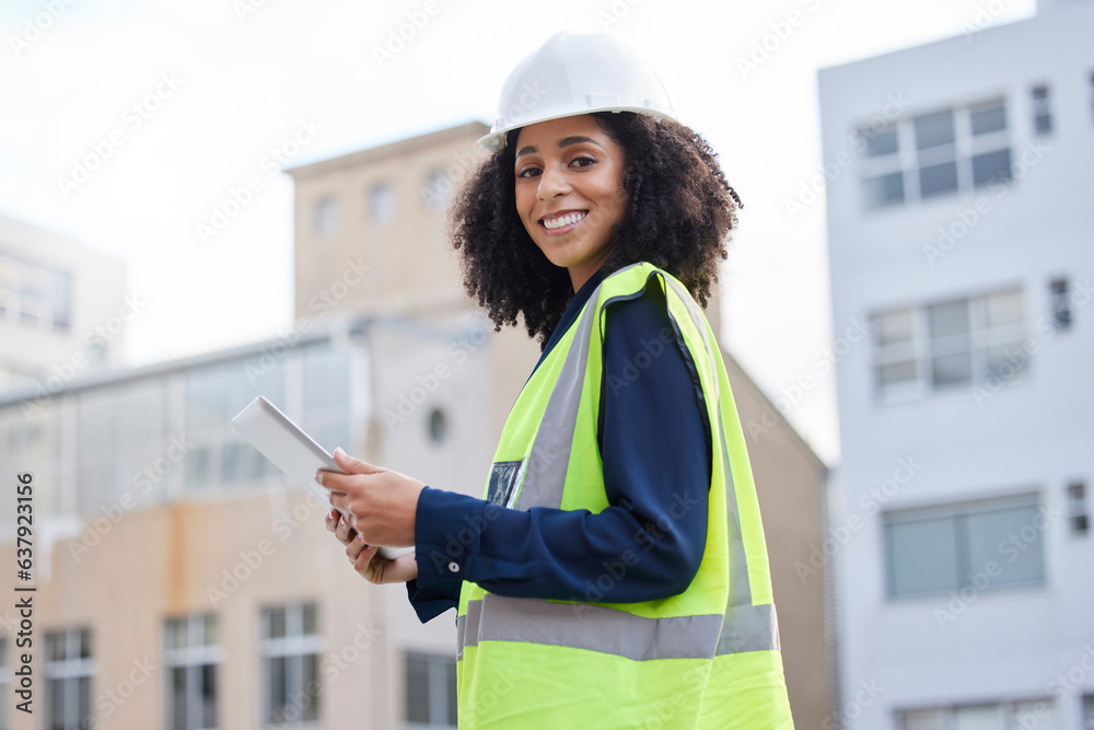 Tablet, engineering and portrait of a woman outdoor for planning, search or communication for projec