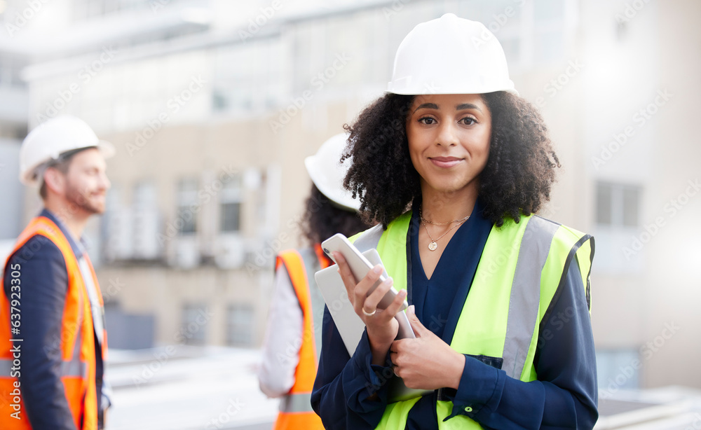 Engineering, technology and portrait a woman outdoor for planning, building or construction site. Af