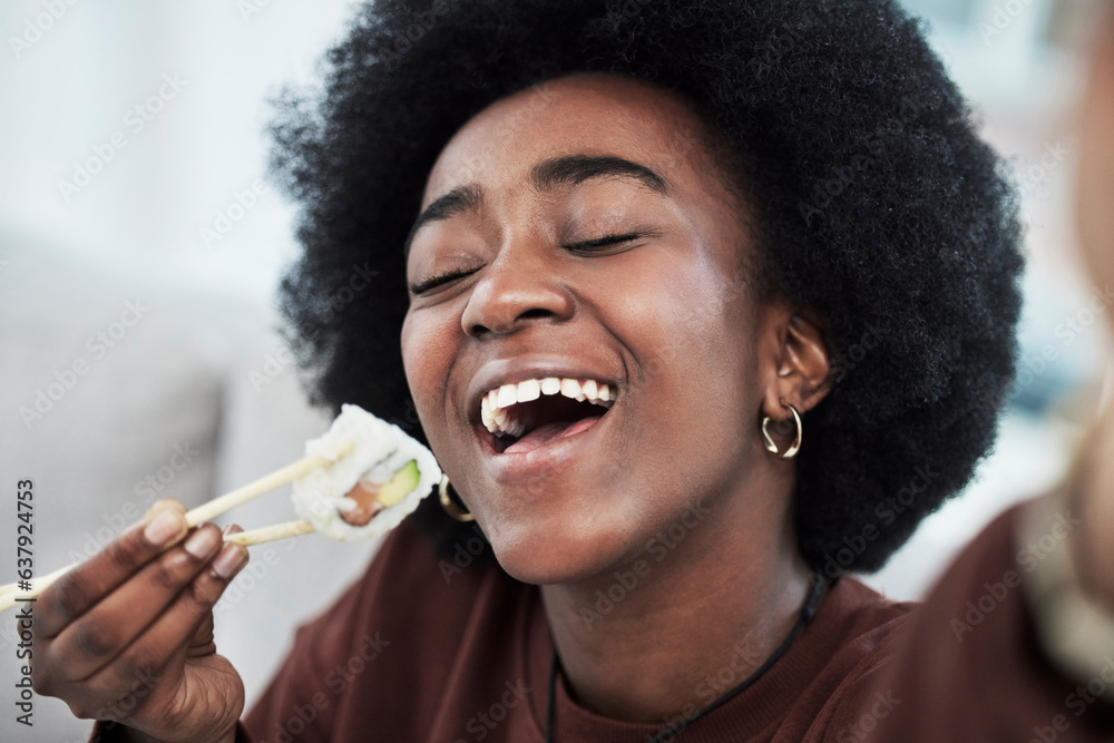 Sushi, seafood and restaurant with selfie of black woman at home for brunch, Japanese cuisine and so