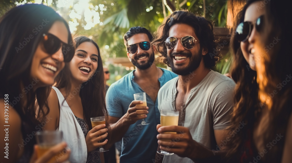 Bunch of young people in a party with glasses in hand, Indian looking people , summer vibe with man 