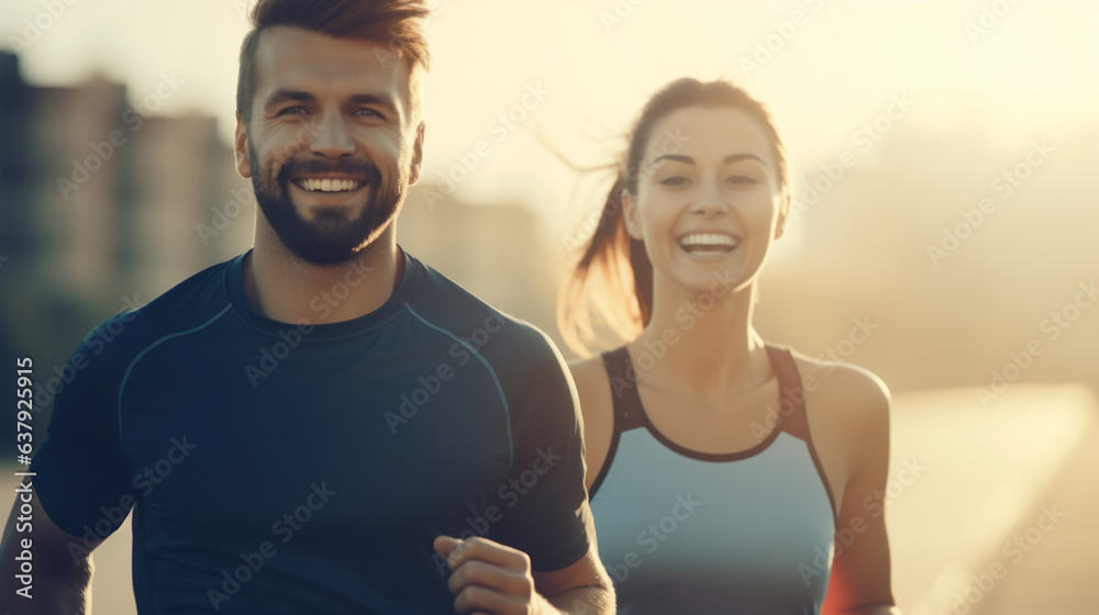 Adults couple running in sports outfit and smiling together in the morning light