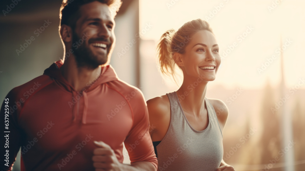 Adults couple running in sports outfit and smiling together in the morning light