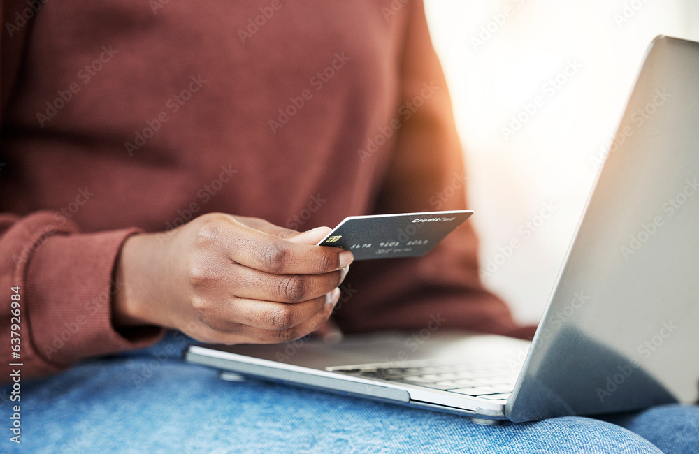 Closeup, woman and hand with a laptop, credit card or online shopping with banking, investment or tr