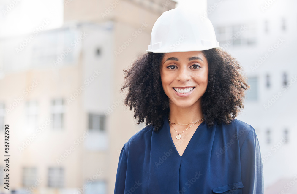 Architecture, engineering and space with portrait of woman in city for planning, building and indust