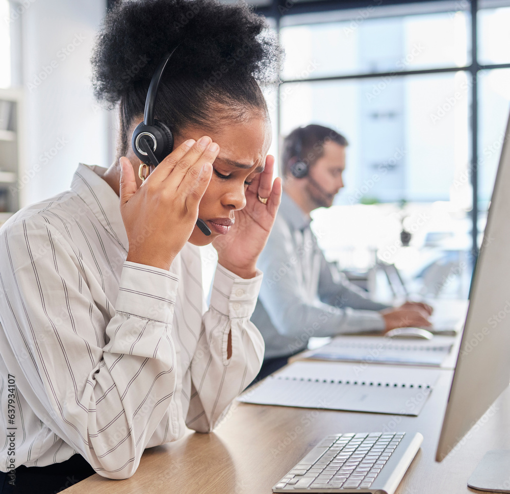 Call center stress, sad and black woman with a headache from telemarketing and online consulting. Ti