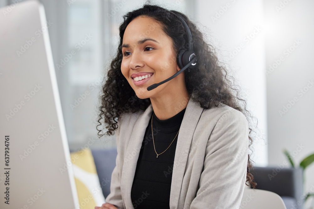 Customer service, call center and happy consultant or woman speaking online for technical support, a