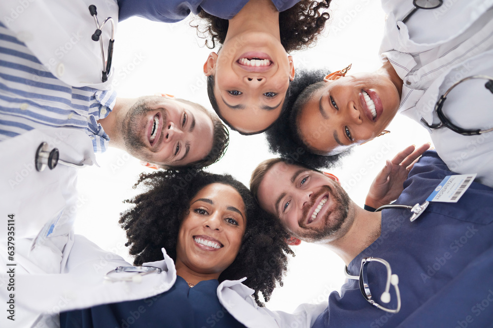 Happy people, portrait and doctors in huddle, teamwork or unity in healthcare mission together below