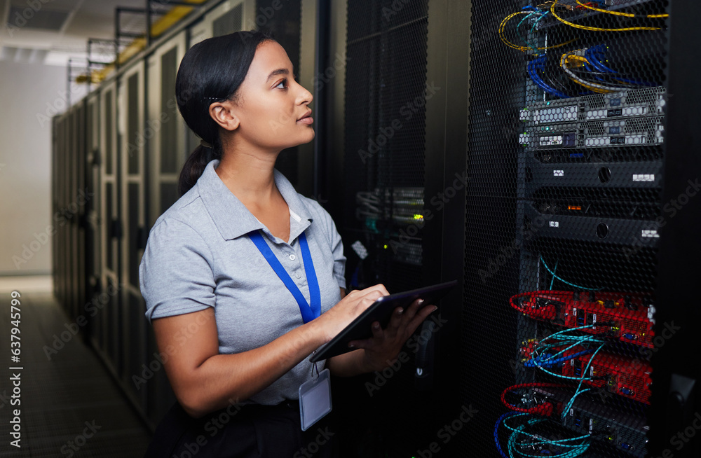 Woman, engineering tablet and server room, data center inspection or system solution for cybersecuri