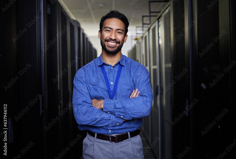 Server room, portrait or happy man for online cybersecurity glitch, machine or servers system. IT su