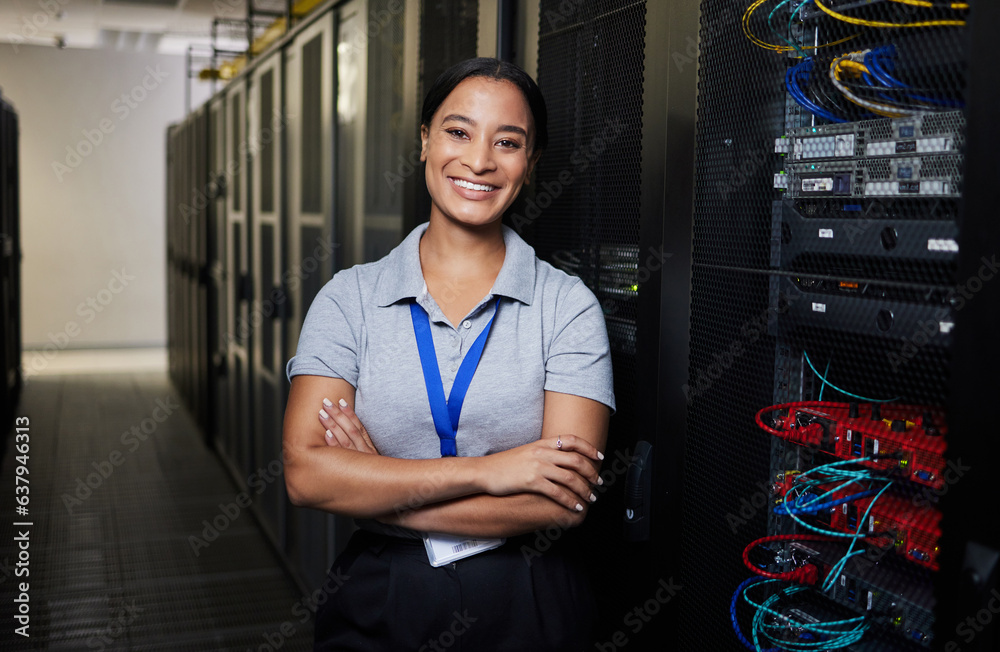 Server room, portrait or happy woman technician for online cybersecurity update or machine system. I