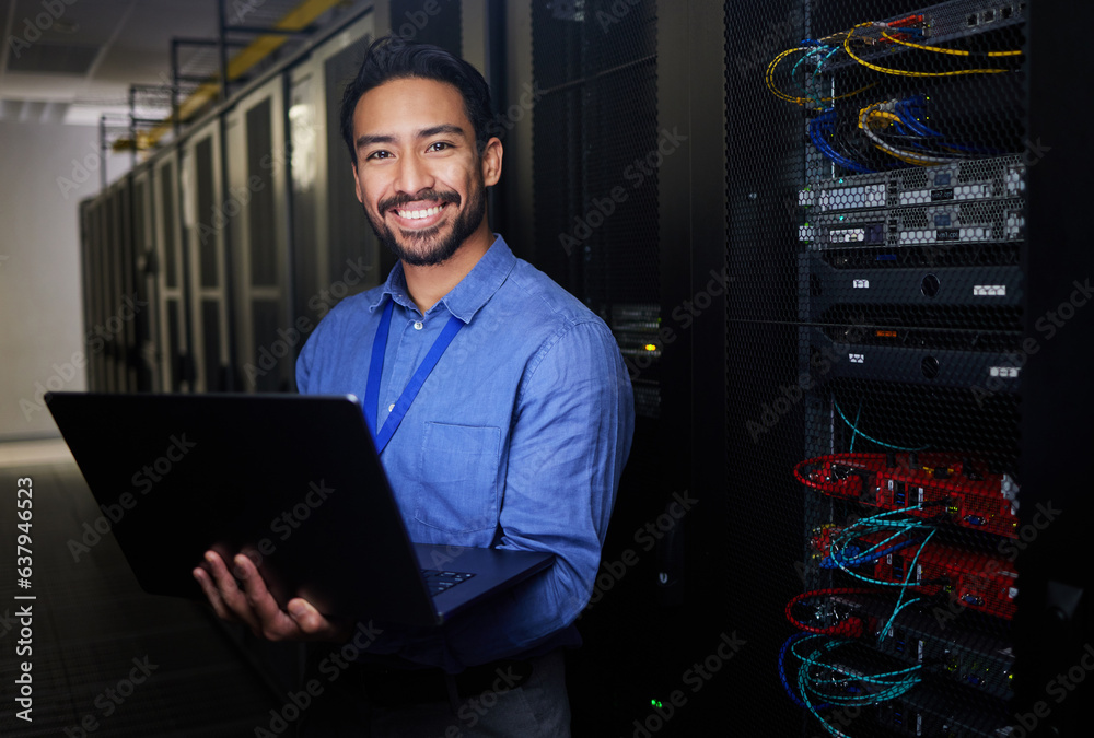 Man, data center and computer in programming portrait, server room coding and programming or cyberse