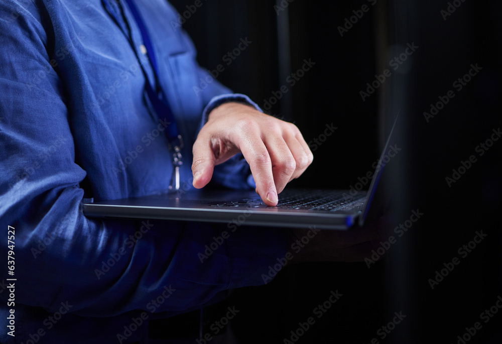 Hands, laptop and typing on keyboard for programming to work on project at night. Information techno