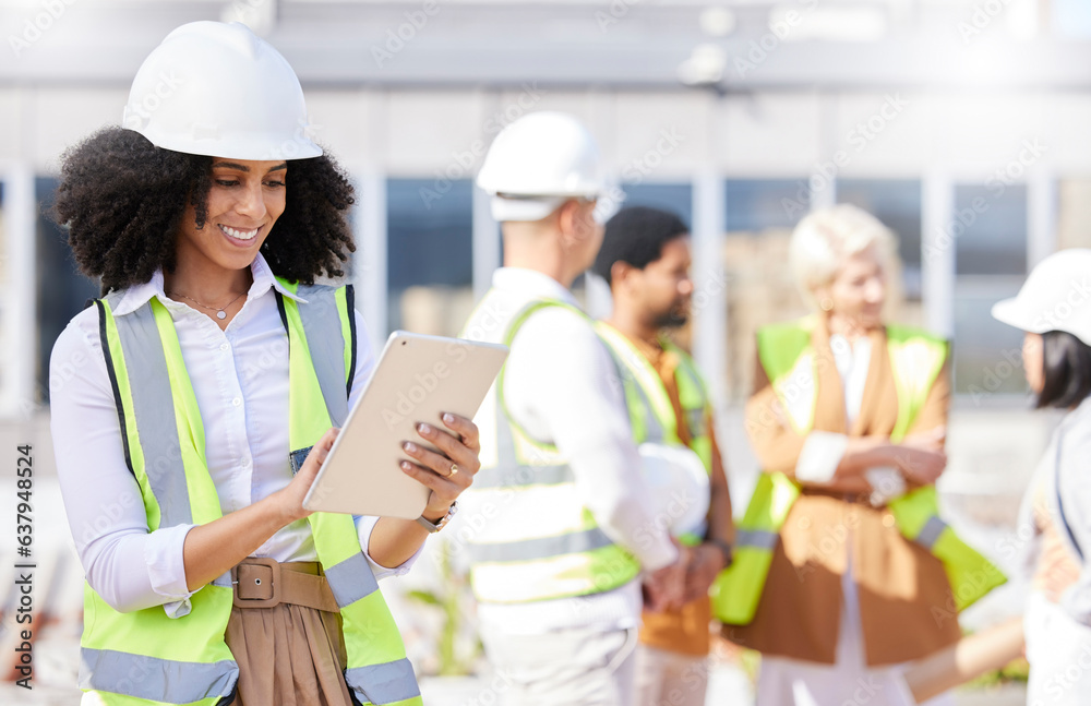 Tablet, architecture and a black woman construction worker on a building site with her team in the c