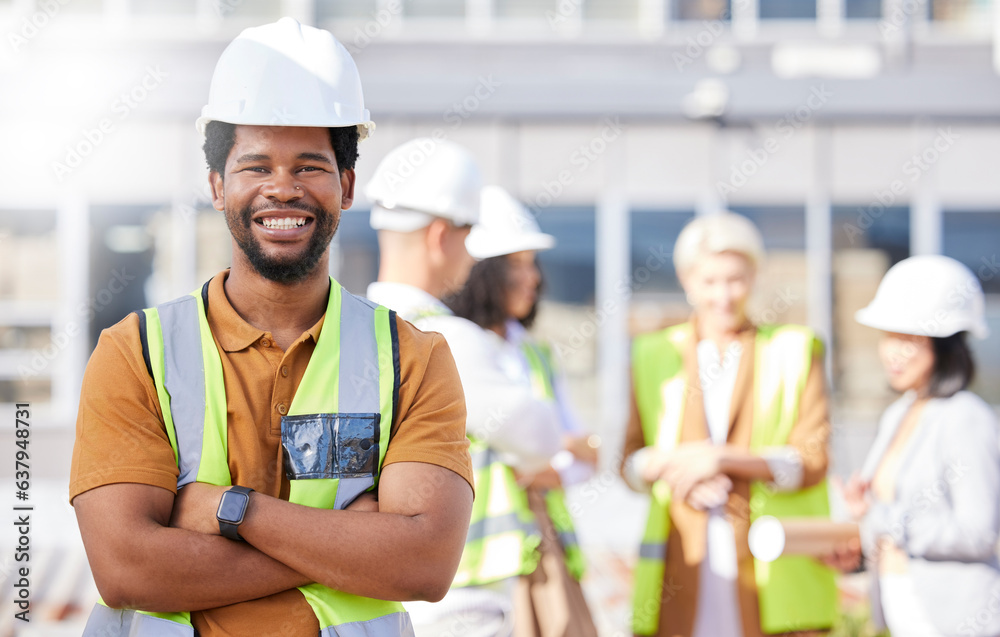 Black man, architect and arms crossed, construction site and maintenance, contractor job and smile i